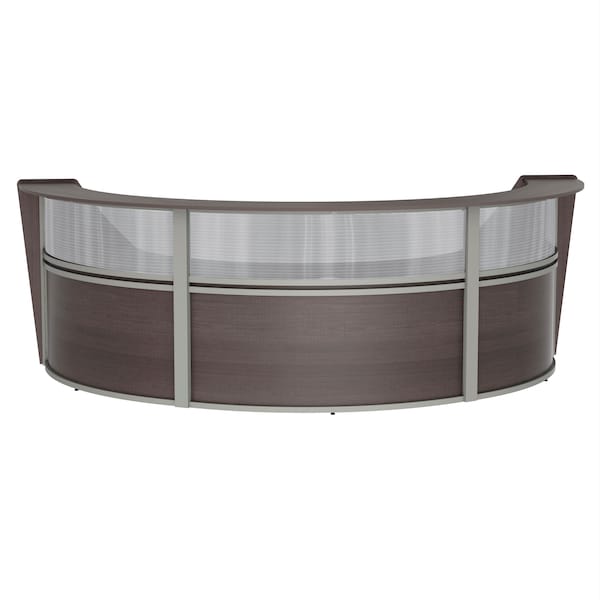 Reception Desk 71 in D X 46 in H, 11.9 ft W X Thermofused Laminate, Clear, Mocha